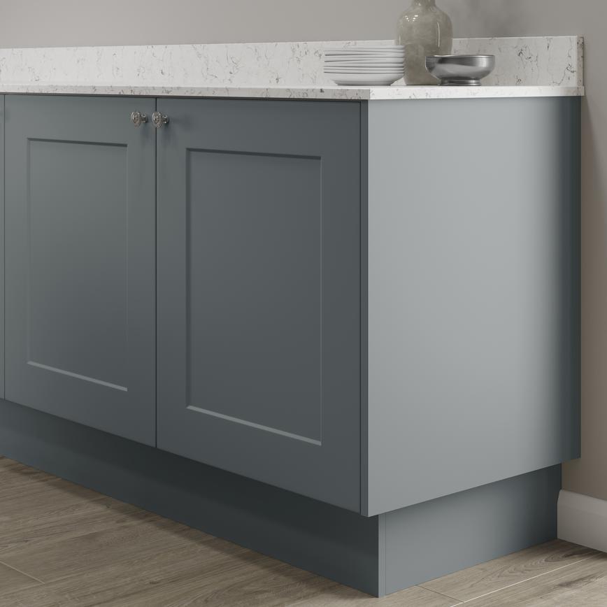 Dusk blue 18mm MDF continuous plinth 3m fitted with base cabinet and white worktop