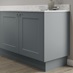 Dusk blue 18mm MDF continuous plinth 3m fitted with base cabinet and white worktop