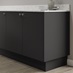 Charcoal 15mm MFC continuous plinth fitted with base cabinet and white worktop