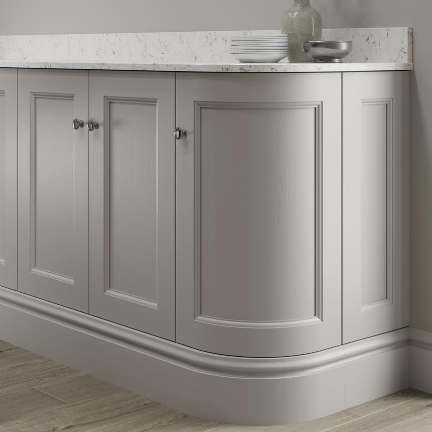 Elmbridge pebble decorative plinth fitted with base cabinet and white worktop