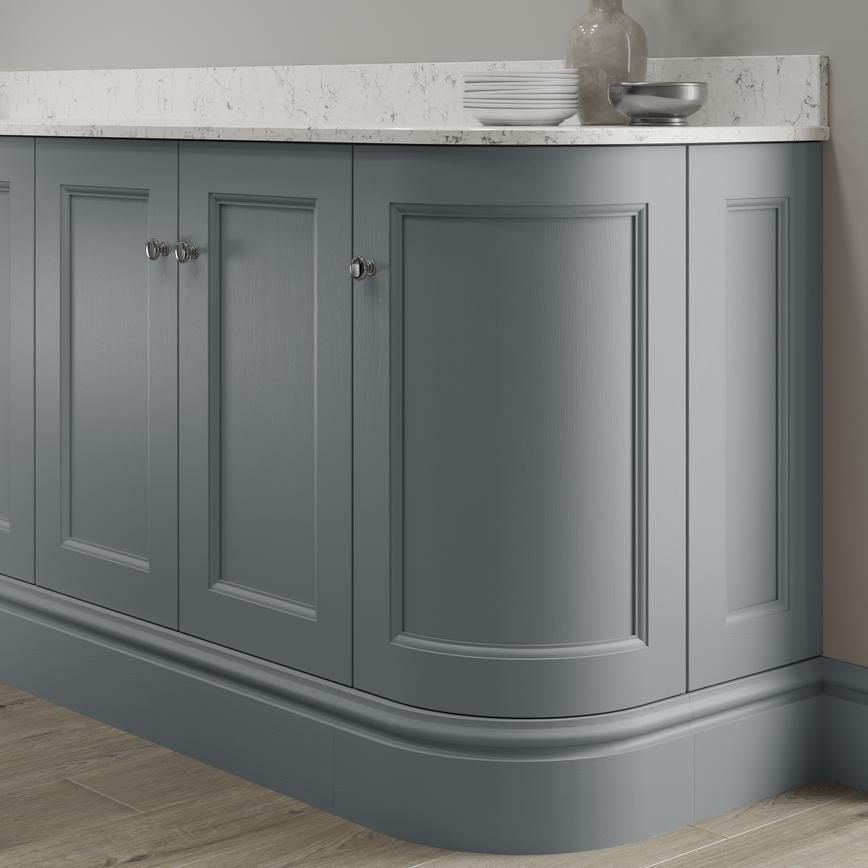 Elmbridge dusk blue decorative plinth fitted with base cabinet and white worktop