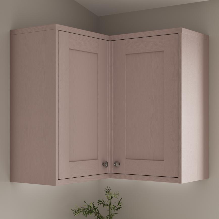 Grained Antique Rose Wall Corner Fillet Shown with Corner Wall Cabinets