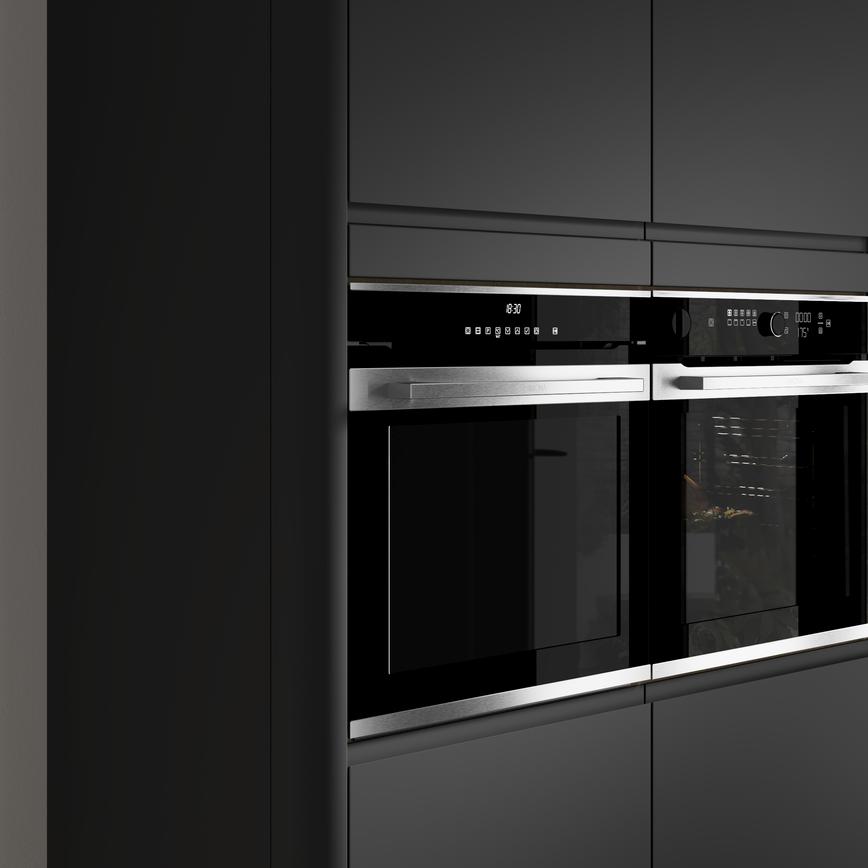 Super Matt Black Tower Decor End shown with Tower Cabinets containing appliances