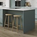 Grained Seafoam Breakfast Bar Backing Panel Tongue and Groove Shown with Cabinet and Bar Stools
