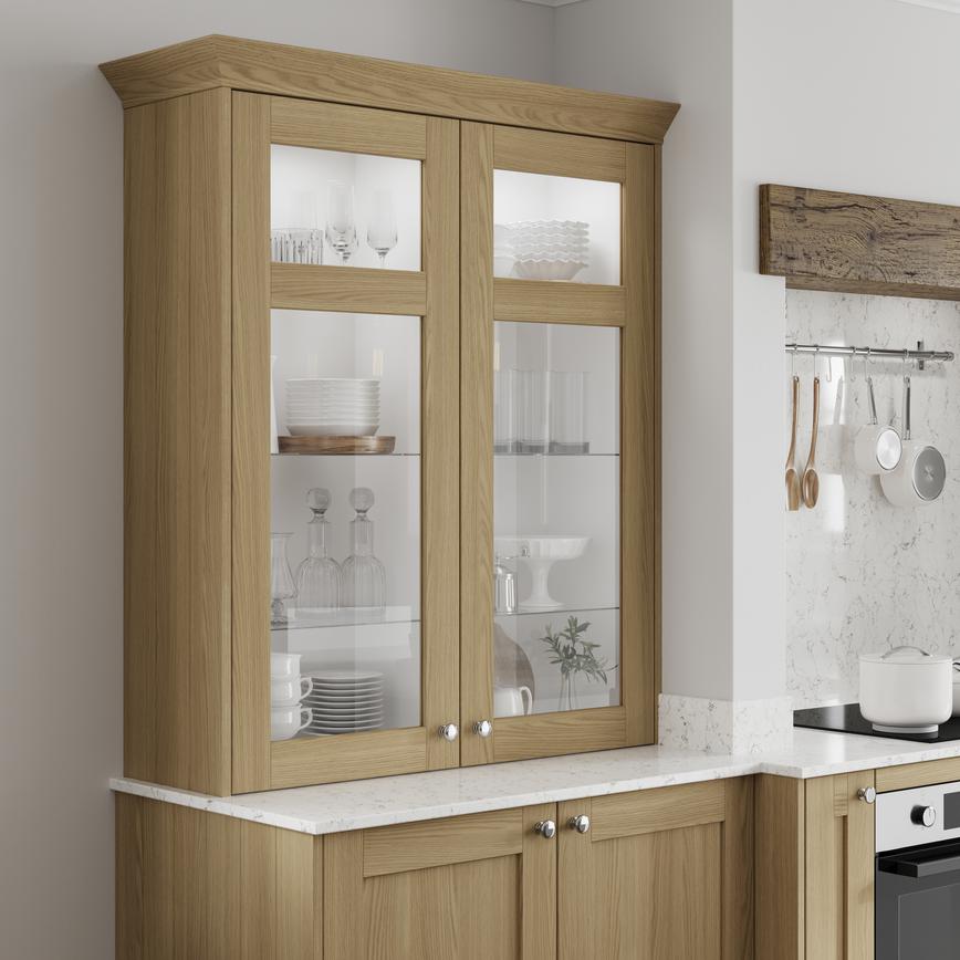 Grained Oak Tongue and Groove Tall Wall Decor End Shown with Glass Dresser Cabinet