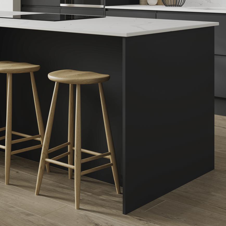 Super Matt Black Breakfast Bar Backing Panel Shown with Island Cabinets and Stools