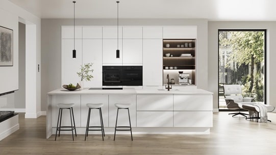 A white, modern kitchen from the Winterton collection. It has an island layout, gloss finish, and matching white worktop.