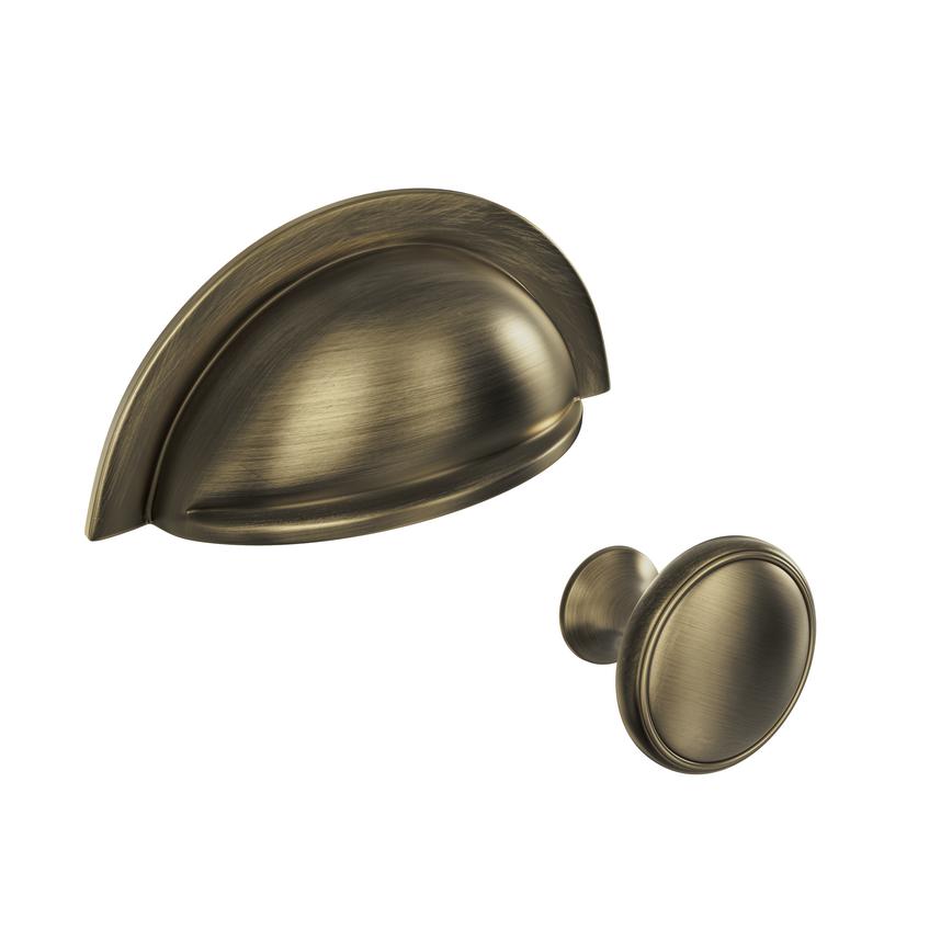 Highborn Aged Brass Effect Cup Handle 92mm and Highborn Aged Brass Effect Round Door Knob 30mm