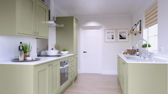 Chilcomb Inframe Sage Green Galley Kitchen
