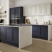 Handleless two-tone shaker kitchen with white and navy doors. Includes white marble worktops and a single-lever chrome tap