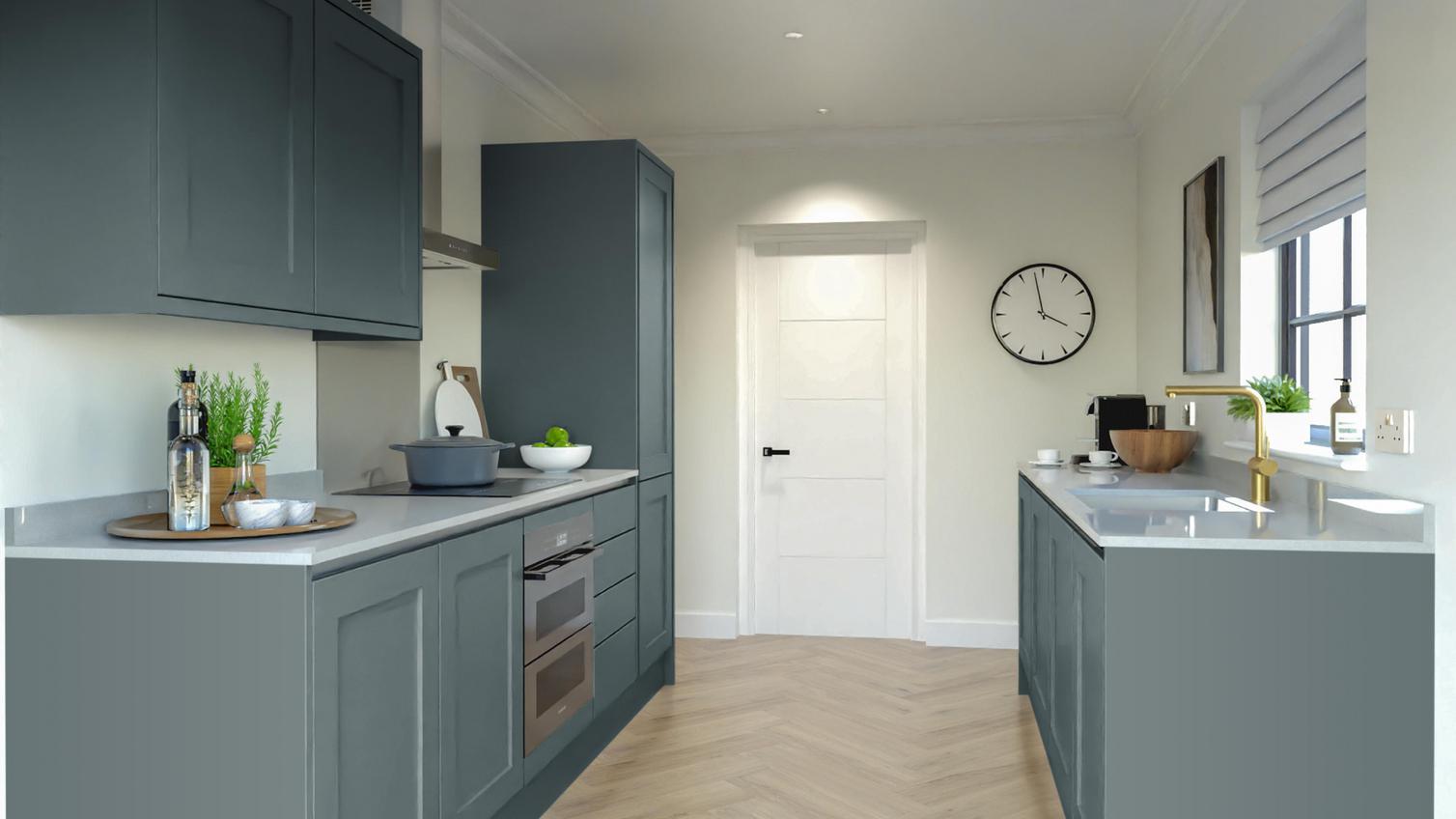 Chilcomb Handleless Laguna Blue EKES Galley