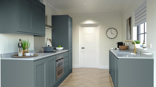 Chilcomb Handleless Laguna Blue EKES Galley