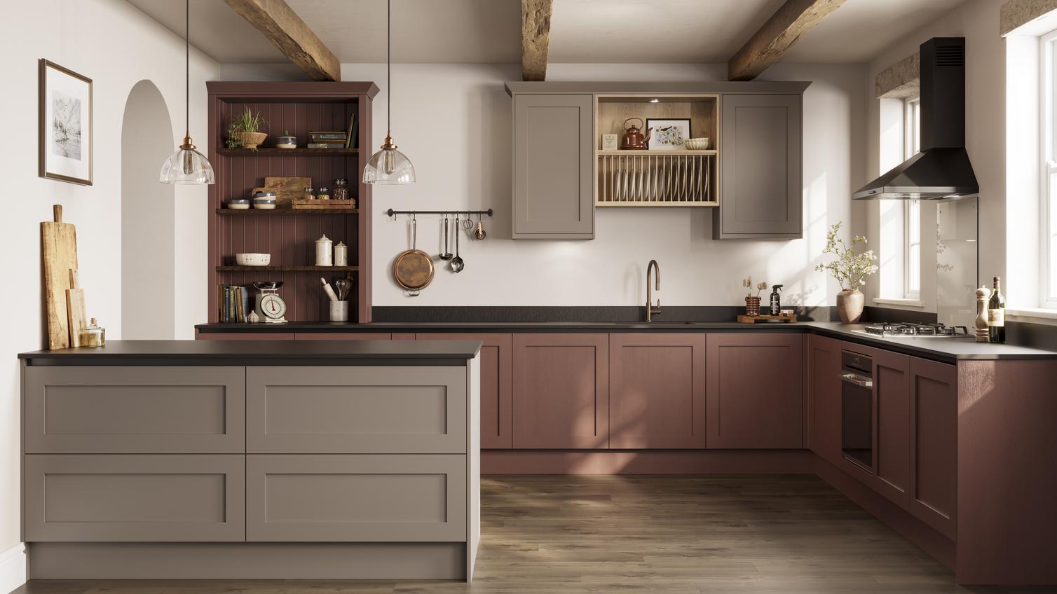 Red shaker doors with black profiles for a modern shaker kitchen idea. Styled with  open shelving and a white, butler sink.