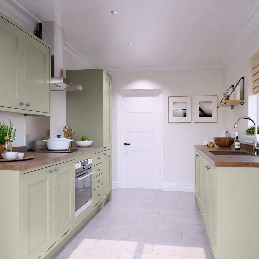 Elmbridge In-Frame Sage Green Galley Kitchen