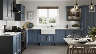 L- shape paintable kitchen with green shaker cupboards doors and beaded detail with white worktops and dark timber floors.