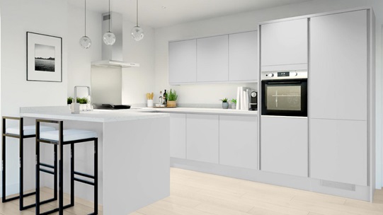 Greenwich Dove Grey Handleless EKES Peninsula Main Set Shot