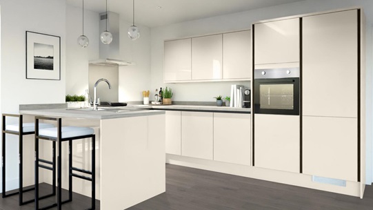 Greenwich Gloss Sandstone Handleless EKES Peninsula Main Set Shot