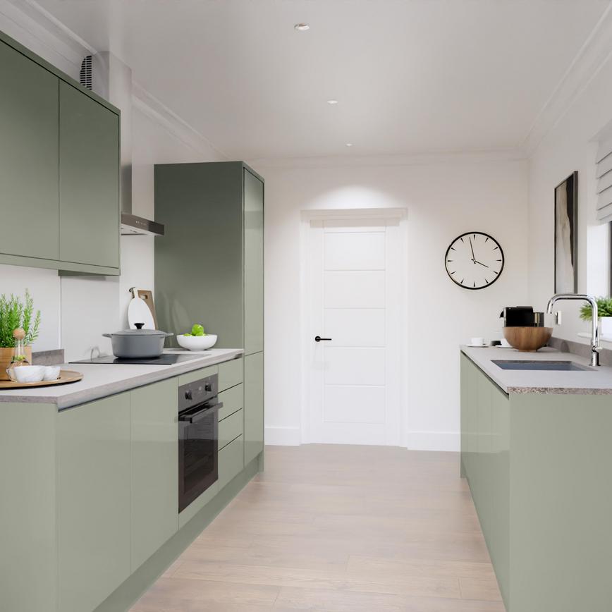 Greenwich Gloss Reed Green Handleless EKES Galley