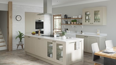 Pebble grey shaker kitchen with inset units incorporating a double oven. Kitchen island with cabinet storage.