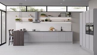 Ultra modern handleless dove grey shaker kitchen with decorative black inlays and matching black kitchen mixer tap