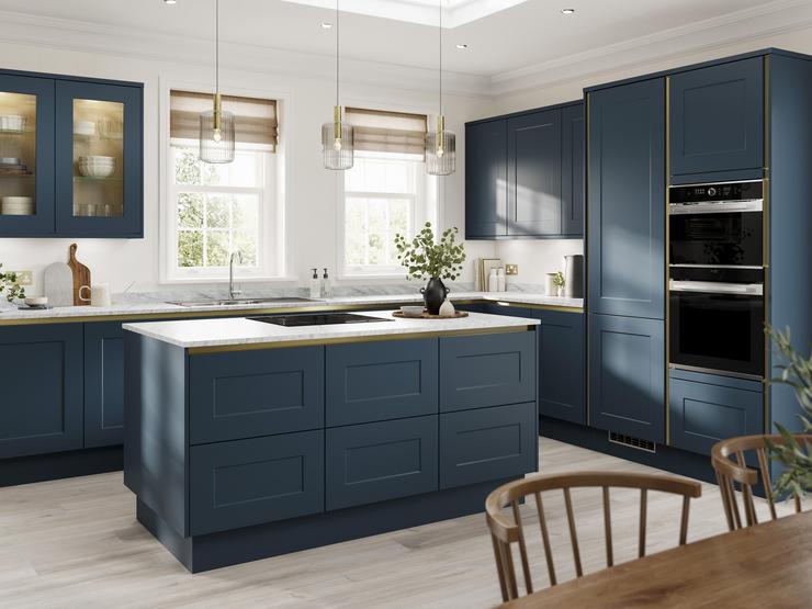 Handleless blue kitchen with marine tones and matt, shaker door fronts. Includes white worktops for a two-tone style