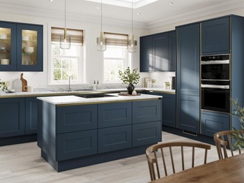 Handleless blue kitchen with marine tones and matt, shaker door fronts. Includes white worktops for a two-tone style