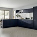 L-shape modern shaker style blue kitchen idea with handleless cabinets. Includes half-height wall units and open shelving
