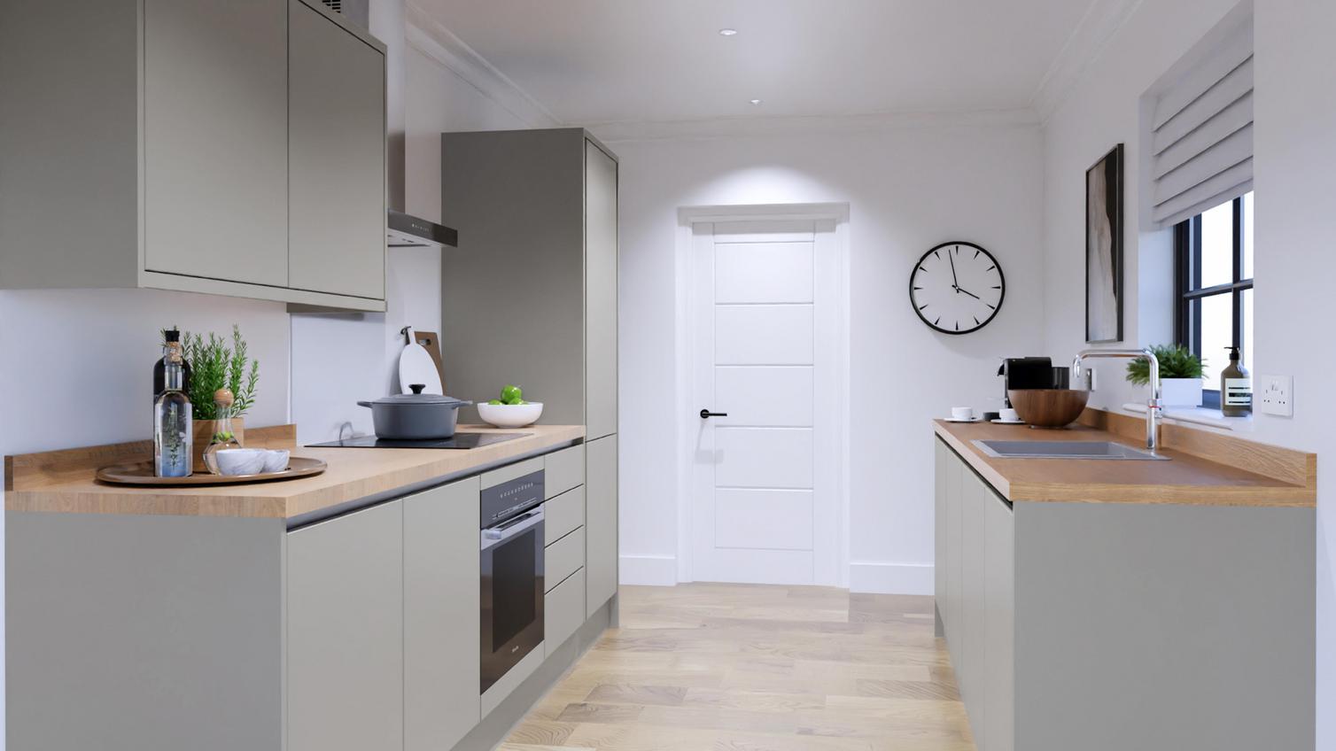 Hockley Super Matt Dove Grey Handleless EKES Galley Main Set Shot