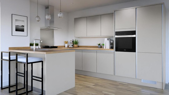 Hockley Super Matt Dove Grey Handleless EKES Peninsula Main Set Shot