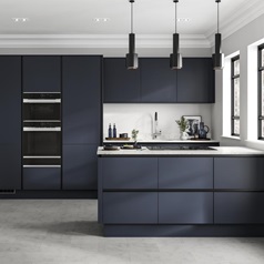 Linear-style navy kitchen with matt-black trims. A galley layout with white worktops, induction hob and built-in double oven.