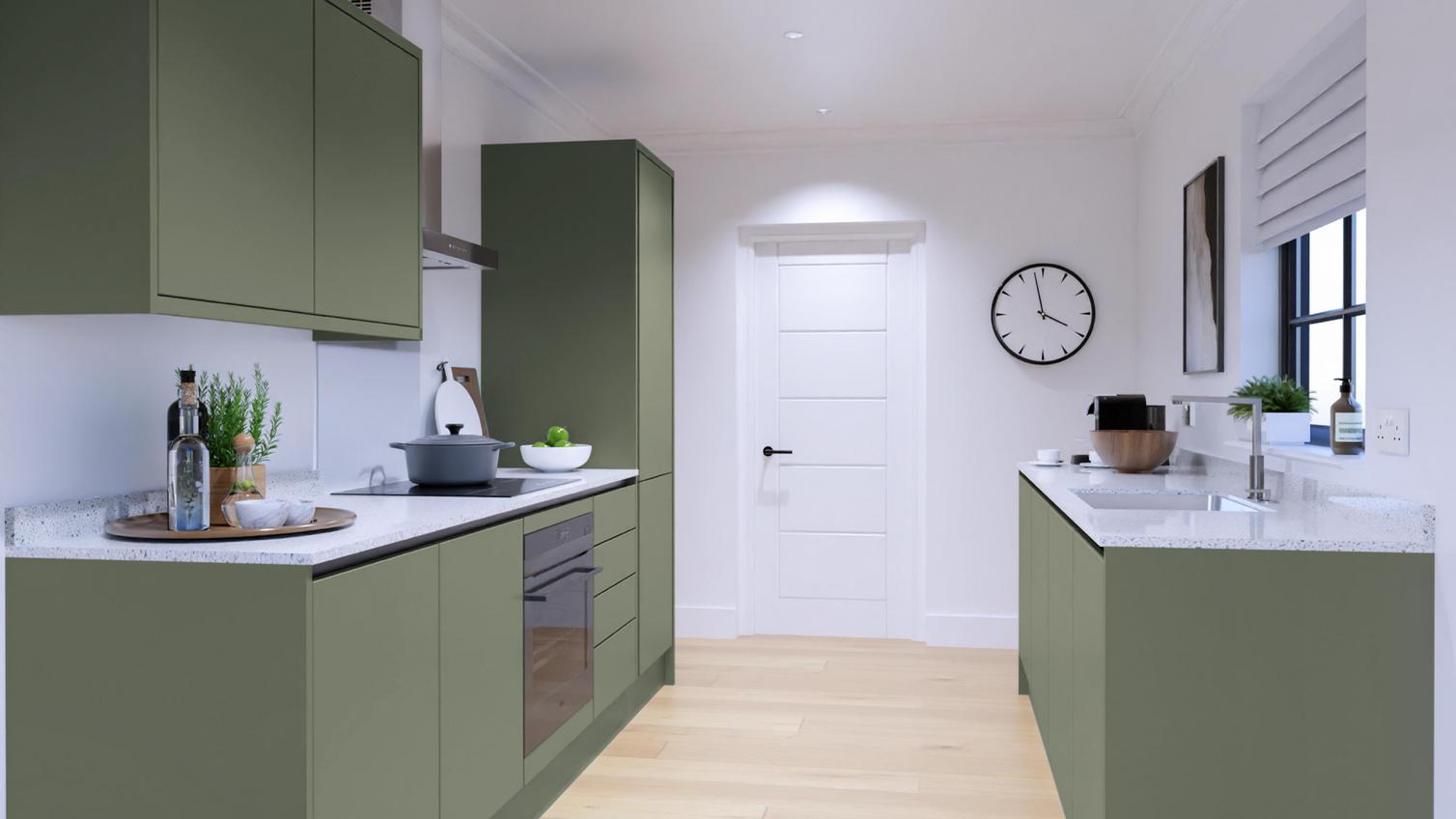 Hockley Super Matt Reed Green Handleless Galley