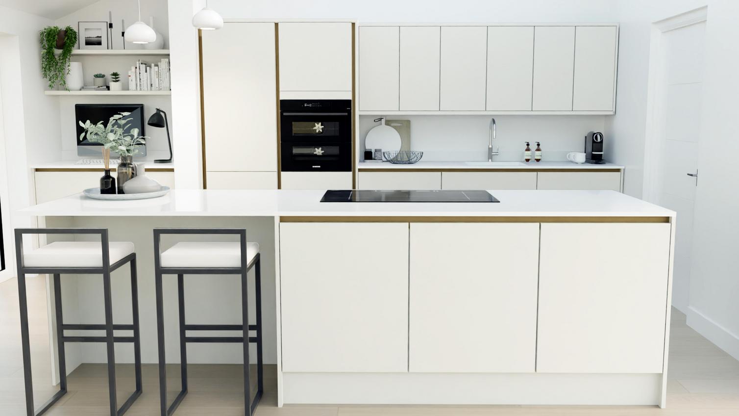 Hockley Super Matt White Handleless EKES Island Main Set Shot