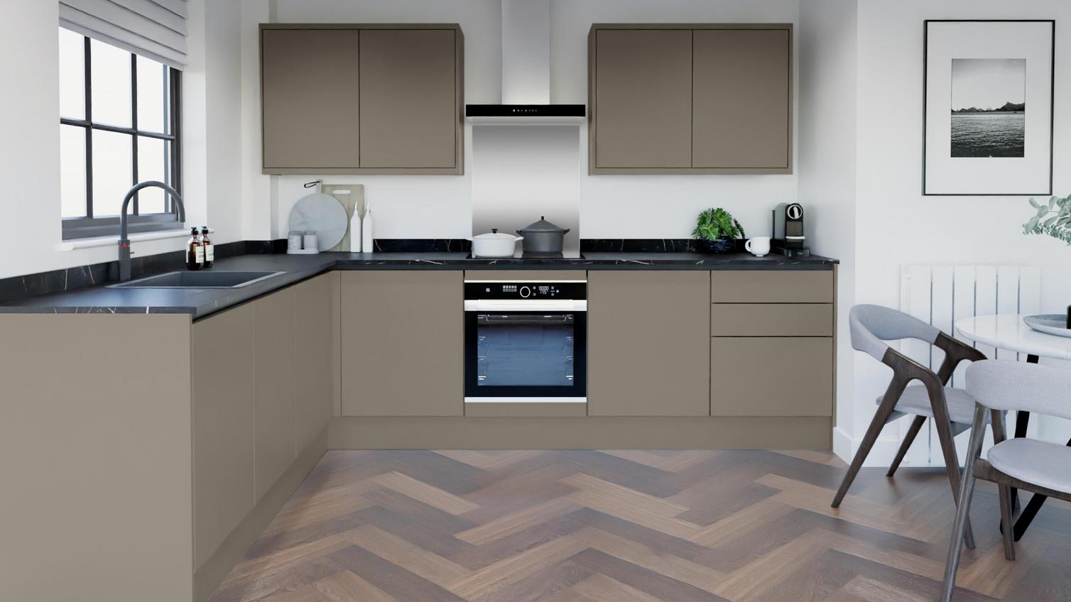 Hockley Mirror Gloss Sand Grey Handleless EKES L Shaped