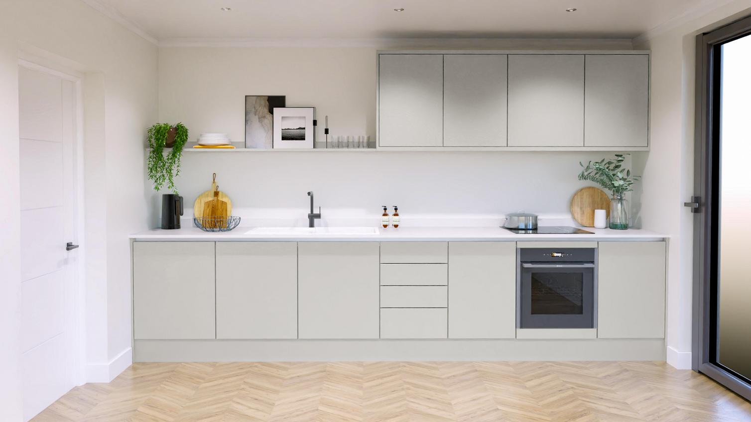 Hockley Mirror Gloss Dove Grey Handleless EKES Single Wall Main Set Shot