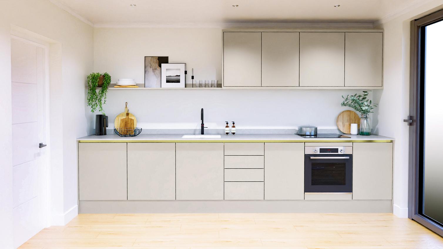 Hockley Mirror Gloss Handleless Sandstone EKES Single Wall Main Set Shot