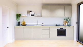 Hockley Mirror Gloss Handleless Sandstone EKES Single Wall Main Set Shot