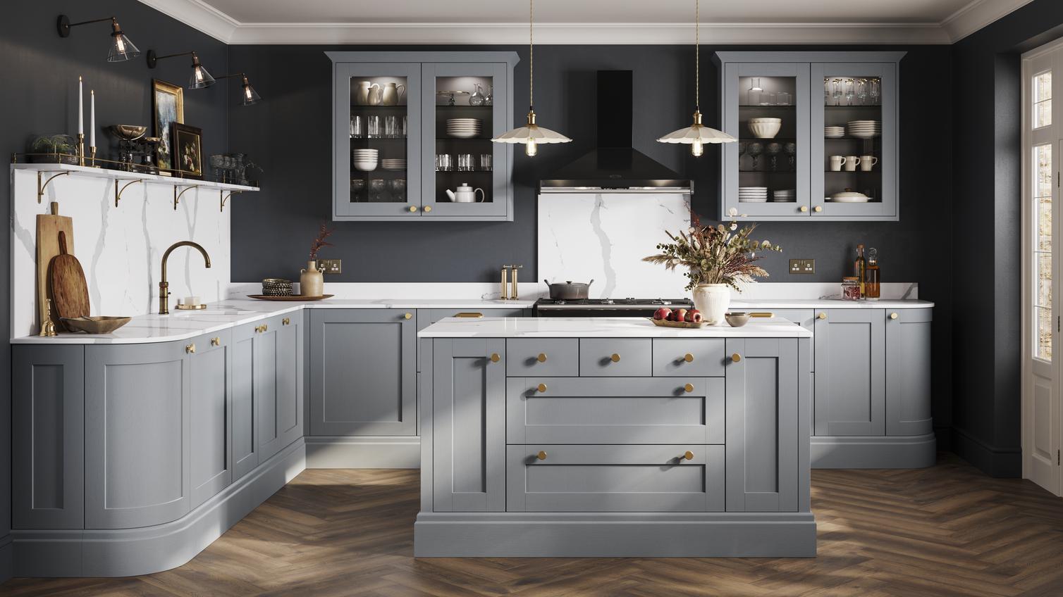 Dusk blue shaker kitchen from the Halesworth range. L-shape layout and kitchen island, with brass handles and white worktops