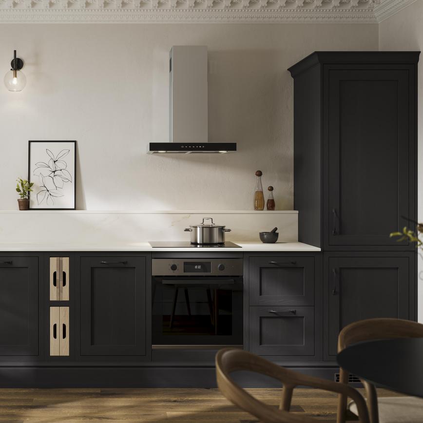 An Ilfracombe black shaker kitchen in a single-wall layout. It has black accessories and a marble-style worktop with upstand