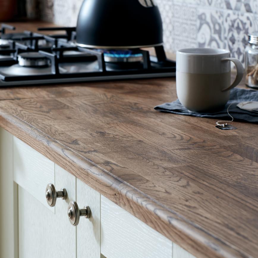 27mm Solid Oak Worktop and Brushed nickel knob kitchen handles