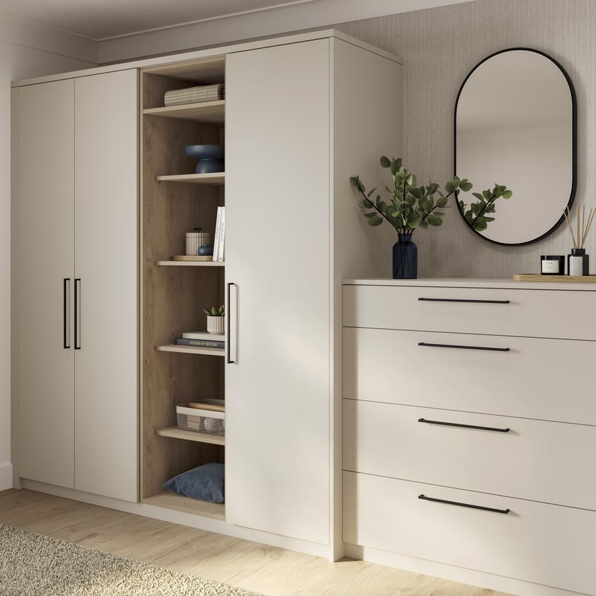 Greenwich Sandstone Bedroom Warderobe with Open Shelves and Chest Of Drawers