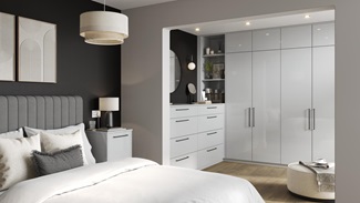 Hockley Gloss Dove Grey Main Set Shot Warderobe, Chest of Drawers, and Bedside Table