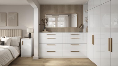 Hockley Gloss White Bedroom Warderobe, Chest Of Drawers, and Bedside Table