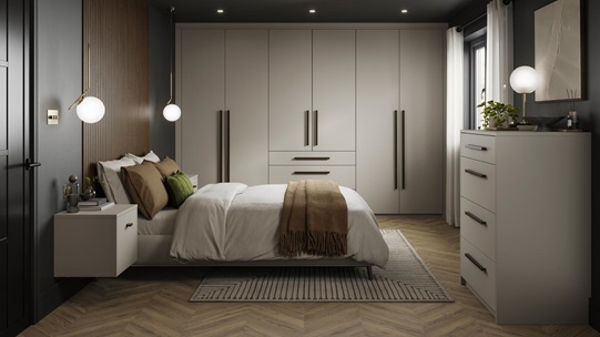 Hockley Super Matt Sandstone Main Set Shot Warderobe, Chest Of Drawers, and Bedside Table