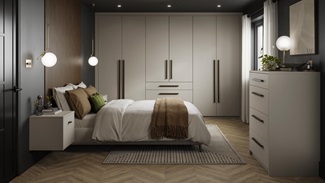 Hockley Super Matt Sandstone Main Set Shot Warderobe, Chest Of Drawers, and Bedside Table