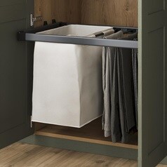 Anthracite 800mm Fitted Wardrobe Pull-Out Trouser Rail and Beige 365mm Pull-Out Laundry Bag Angle