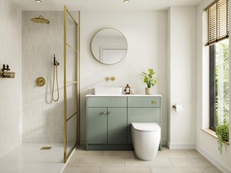 A reed green, slab kitchen in a single wall layout. There are white worktops, tile flooring, gold handles, and a white sink.