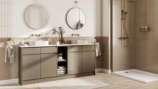 A bronze bathroom with a metallic effect and matt finish. There are two vanity units, shower tray, and oak-effect flooring.