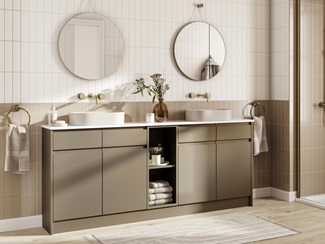 A bronze bathroom with a metallic effect and matt finish. There are two vanity units, shower tray, and oak-effect flooring.