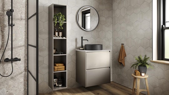 A titanium bathroom with a metallic effect and matt finish. There is a black shower unit, matching sink, and oak flooring.
