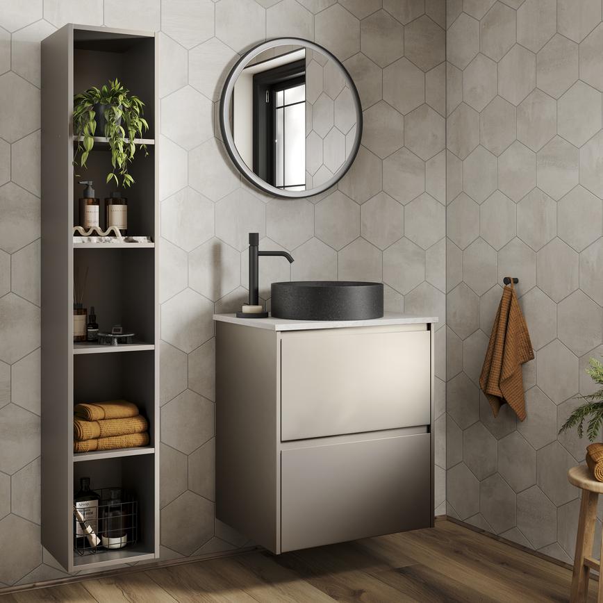 A titanium bathroom with a metallic effect and matt finish. There is a black shower unit, matching sink, and oak flooring.